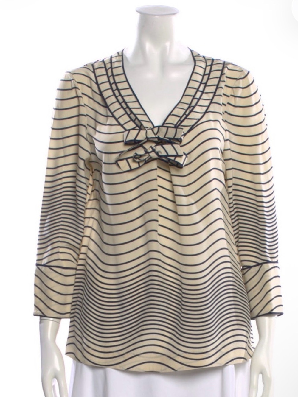 Tory Burch Cream and Black Striped Bow-Front Long Sleeve Top
